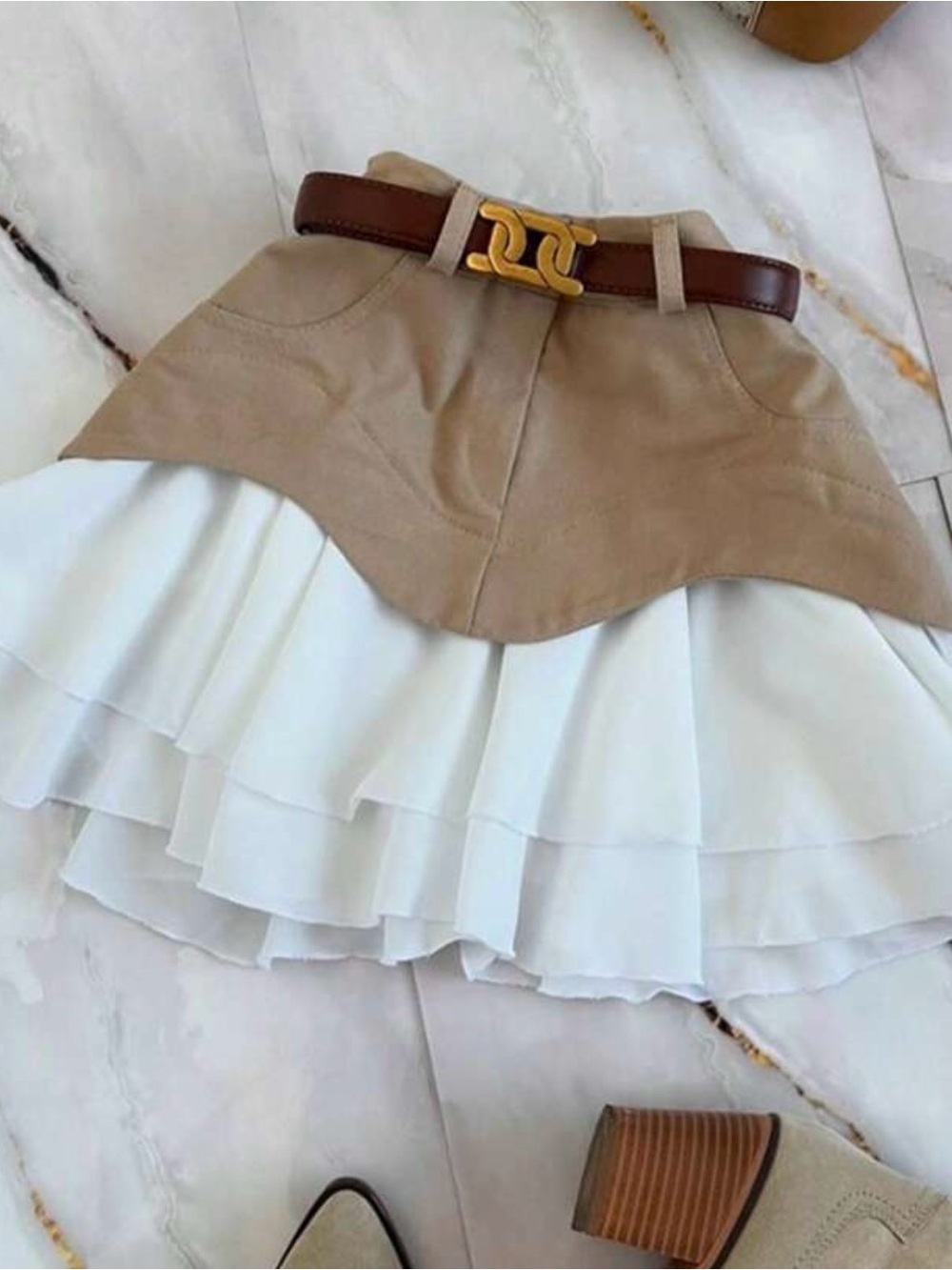 Beige and White Layered Ruffle Skirt - Classic Two-Tone Style